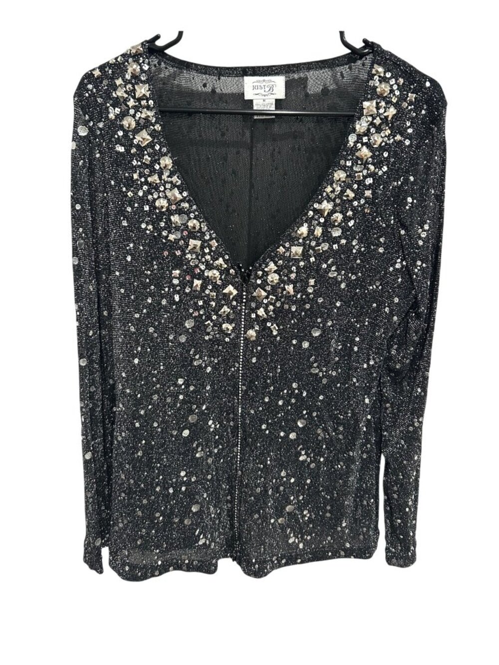 Just B Medium Black Sequin Gem V-neck Long Sleeve Zip Up Top Y2K Maximalist
